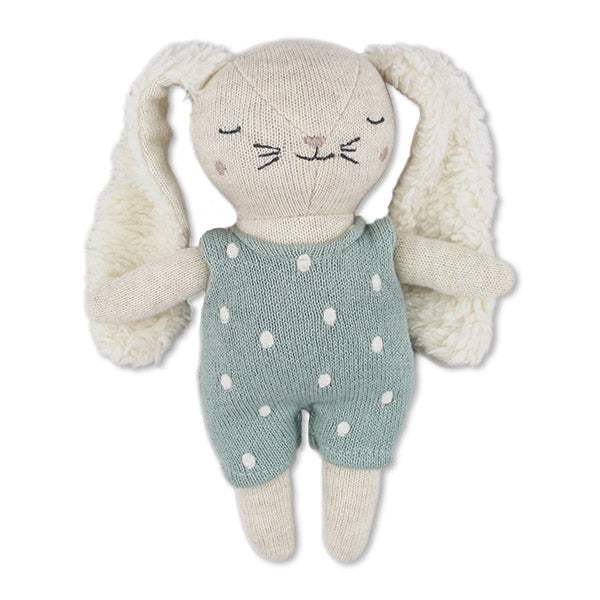Soft knit bunny rattle in powder blue suit with textured ears, unique baby gift and home decor favorite. - Babyrassel Hase mit Anzug puderblau