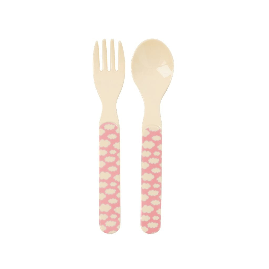Pink melamine kids spoon and fork set with cloud pattern handles, einzigartig and ideal for individueller Stil and Wohndeko. - Melamine Kids Spoon and Fork Cloud pink