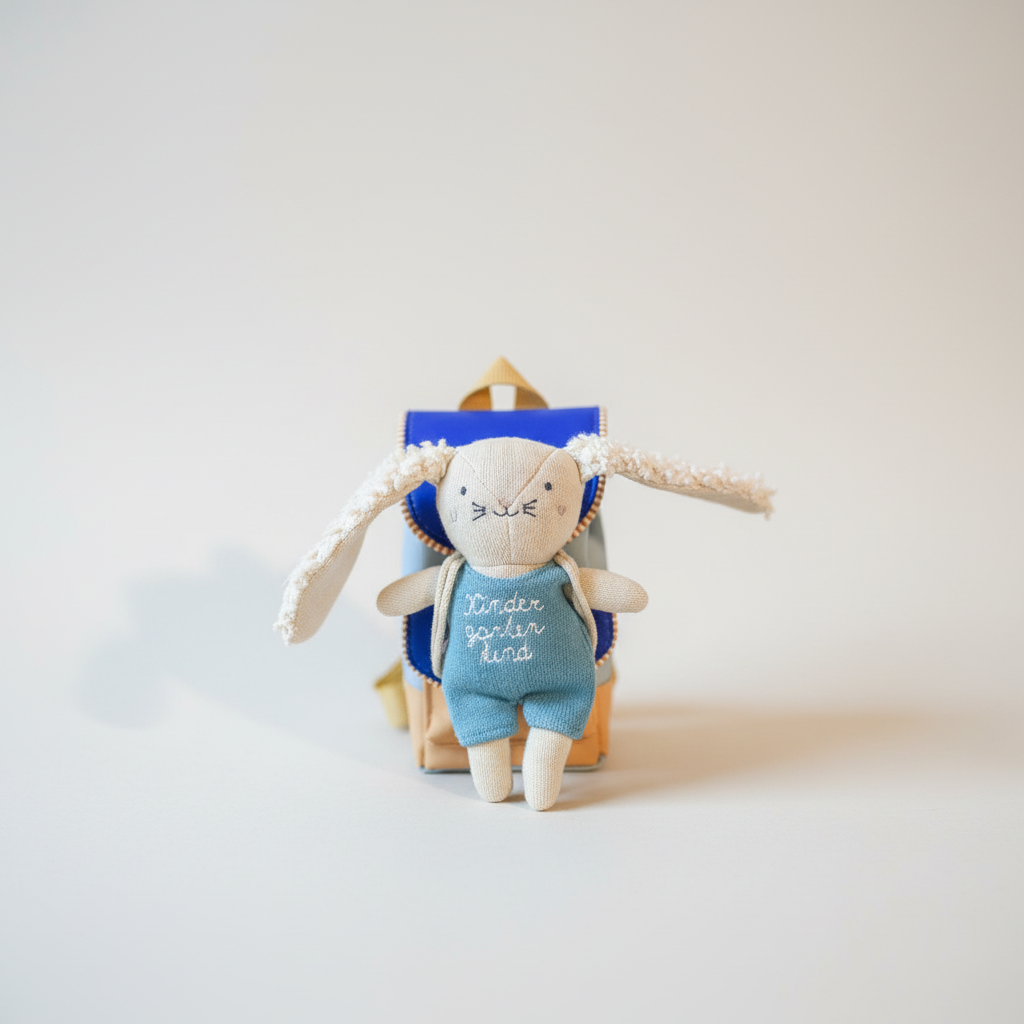 Soft cotton bunny plush with blue overalls and backpack, einzigartig Wohndeko for individueller Stil and Lieblingsstücke für . - Hase Kindergartenkind mit Rucksack