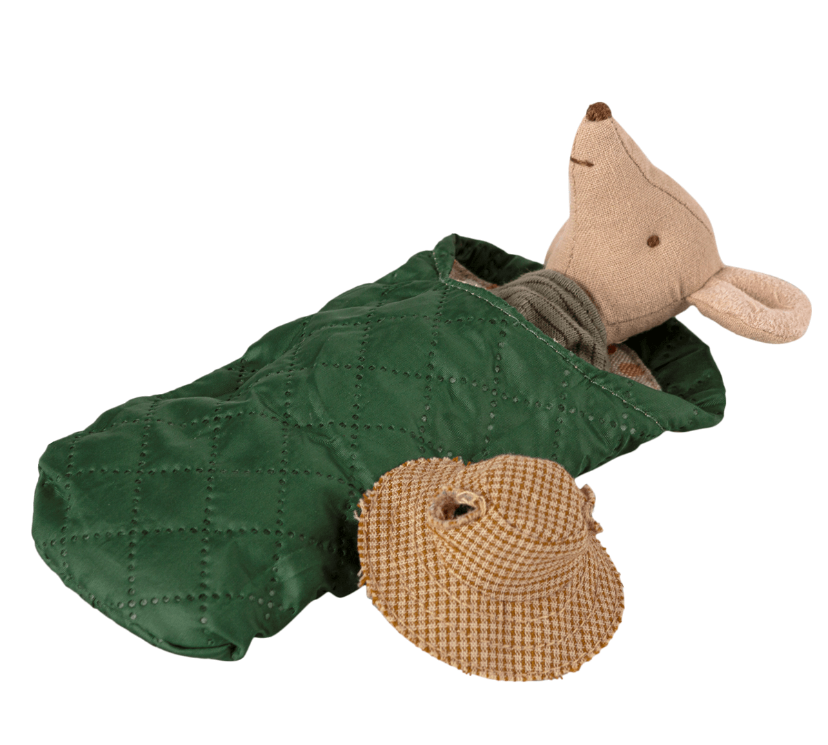 Unique plush mouse in hiking style with green quilted sleeping bag and matching cap, perfect for individual style Wohndeko. - Hiker Mouse Big Brother