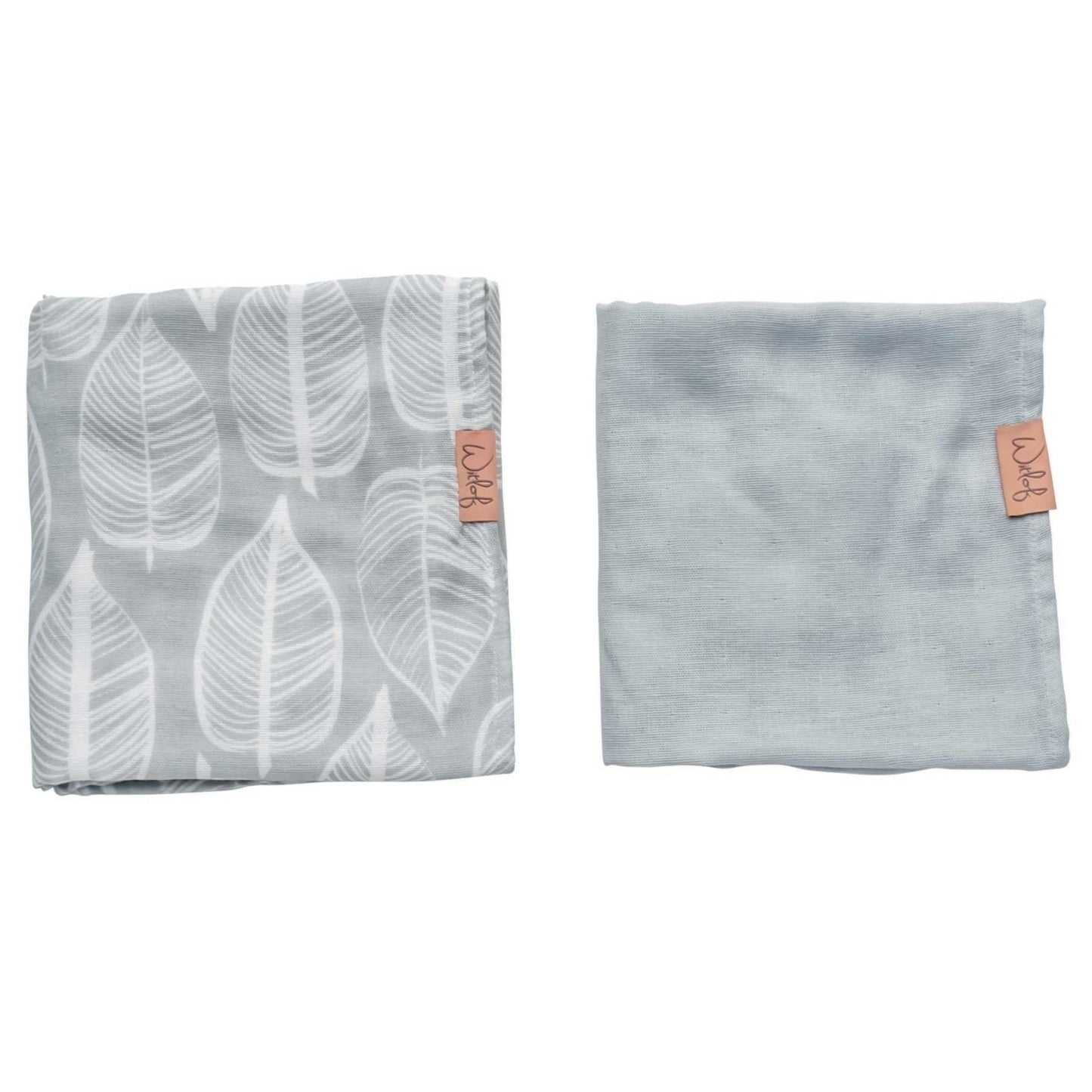 Two warm grey cotton swaddles, one with leaf print and one solid, unique Wohndeko for individual style. - Swaddle 80x80 Beleaf Warm Grey, Pack of 2
