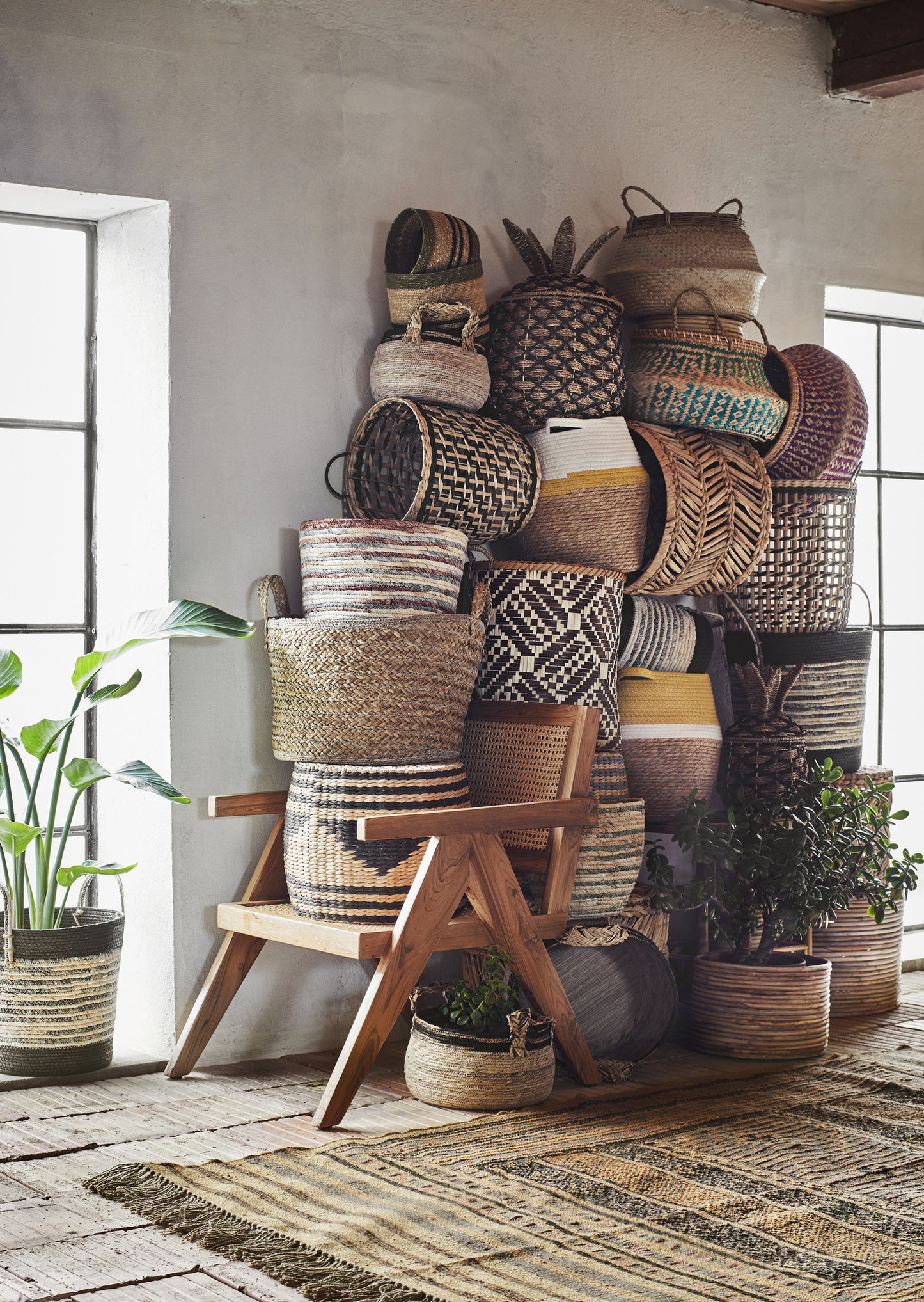 Set of 2 Striped Seagrass Baskets Olive, Black, Natural