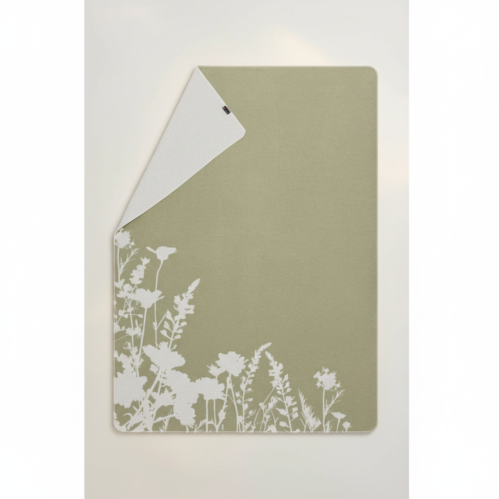 Green flannel blanket with white floral pattern in corner, kuschelig cotton for einzigartig Wohndeko and individueller Stil. - SILVRETTA Flanelldecke Blumen Salbei