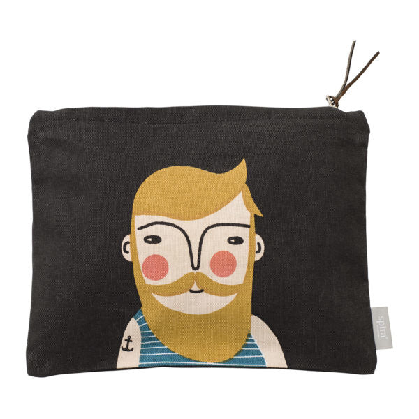 Black toiletry bag with unique cartoon man illustration, perfect for individueller Stil and Lieblingsstücke für dein Zuhause. - FRANK Toiletry Bag