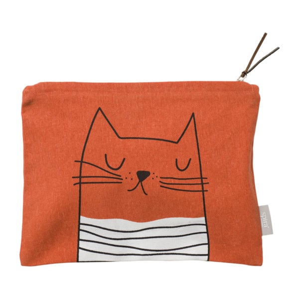 Orange fabric toiletry bag with minimalist cat print, unique and perfect for individueller Stil and Lieblingsstücke für dein . - GUSTAV Toiletry Bag