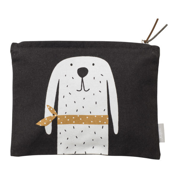 Black fabric BOSSE toiletry bag with white cartoon dog wearing a brown scarf, unique style, ideal for individueller Stil and . - BOSSE Toiletry Bag
