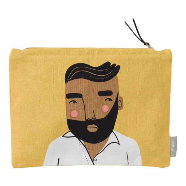 Yellow fabric toiletry bag with unique illustrated bearded man, reflecting individueller Stil and Lieblingsstücke für dein. - JONAS Toiletry Bag