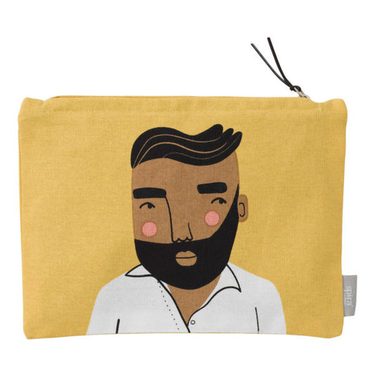 Yellow fabric toiletry bag with unique illustrated bearded man, reflecting individueller Stil and Lieblingsstücke für dein. - JONAS Toiletry Bag