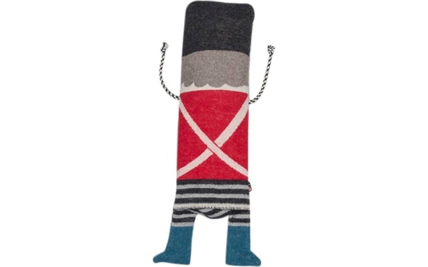 Colorful handmade fabric sock in soldier doll design with black, red, gray, and blue stripes, unique Wohndeko and. - JUWEL Decke in der Puppe Zinnsoldat