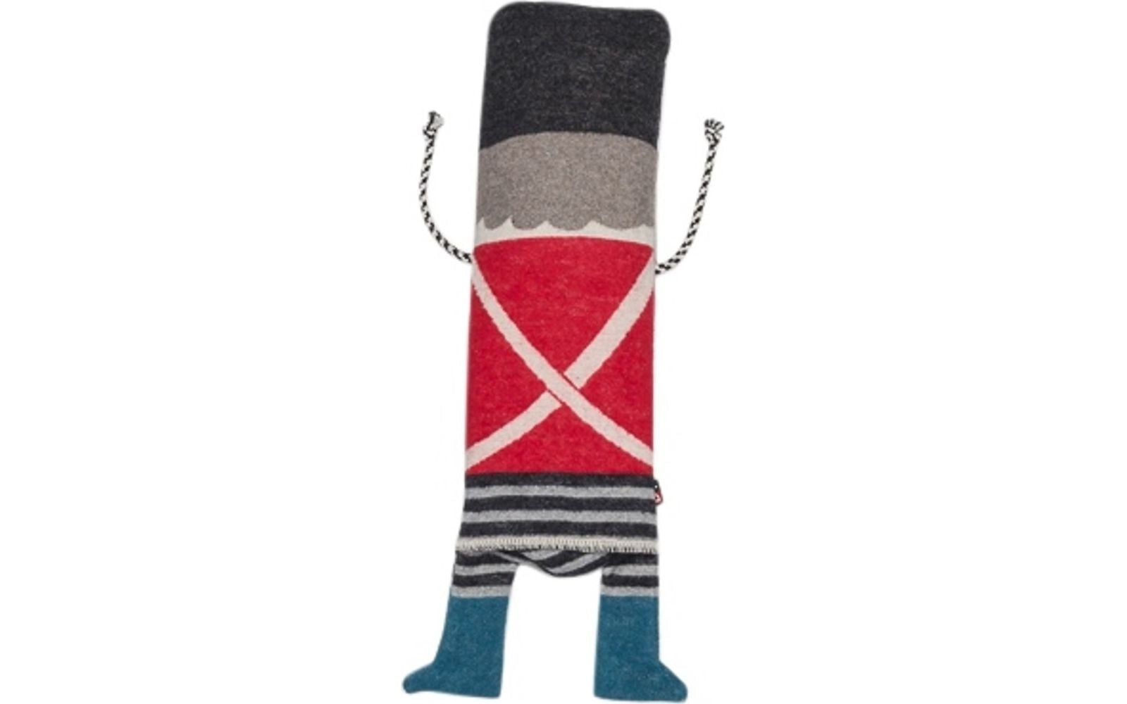 Colorful handmade fabric sock in soldier doll design with black, red, gray, and blue stripes, unique Wohndeko and. - JUWEL Decke in der Puppe Zinnsoldat