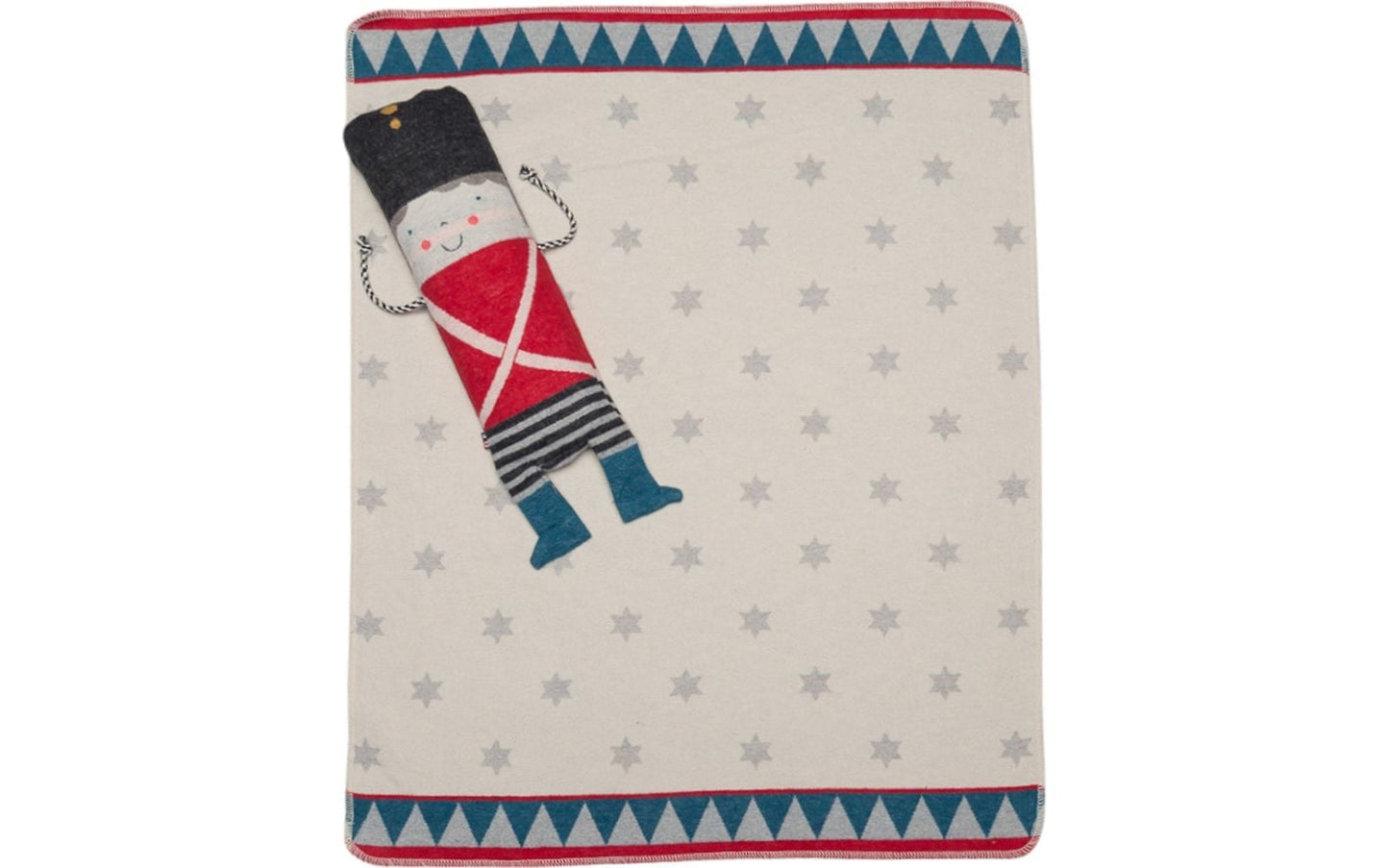 Beige blanket with unique nutcracker doll design, geometric border, perfect for individueller Stil and Wohndeko. - JUWEL Decke in der Puppe Zinnsoldat
