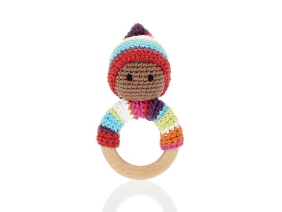 Colorful crocheted wooden ring pixie with striped hat and mittens, unique Wohndeko for individueller Stil and. - Wooden Ring Pixie multi