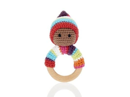 Colorful crocheted wooden ring pixie with striped hat and mittens, unique Wohndeko for individueller Stil and. - Wooden Ring Pixie multi