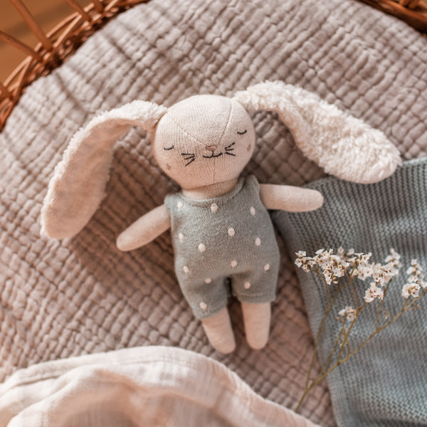 Soft fabric bunny rattle in powder blue suit with delicate embroidery, einzigartig Wohndeko and individueller Stil for. - Babyrassel Hase mit Anzug puderblau
