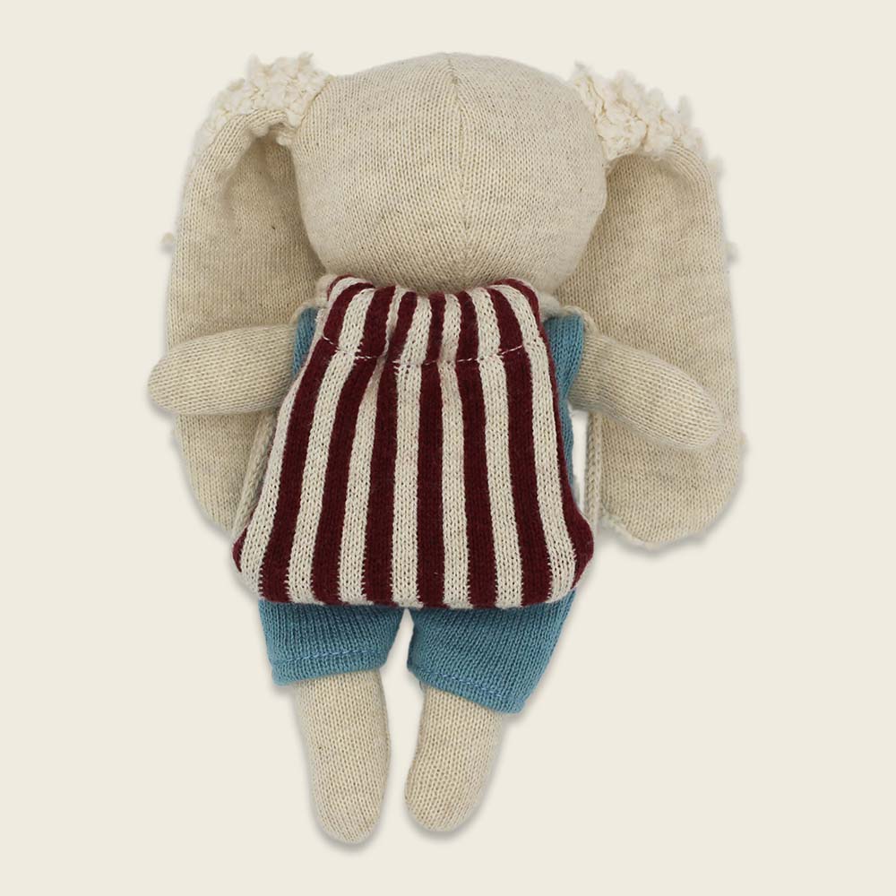 Unique plush rabbit toy with striped backpack, blue outfit, and soft organic cotton, perfect for individual style and home. - Hase Kindergartenkind mit Rucksack