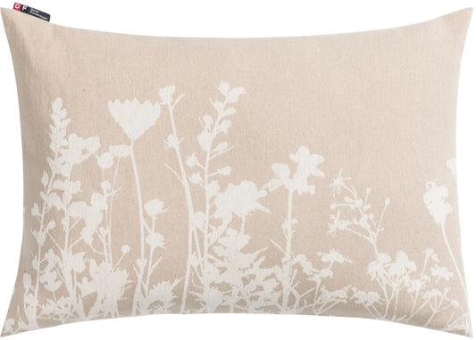Beige cotton pillow cover with white floral print, unique design for individual style and cozy home decor. - PORTO Kissenhülle Blumen natur