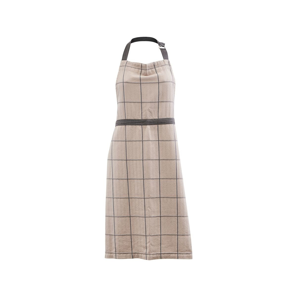 Sand-colored apron with black grid pattern and adjustable neck strap, einzigartig kitchen wear blending Wohndeko and. - Apron Opa Sand, one size
