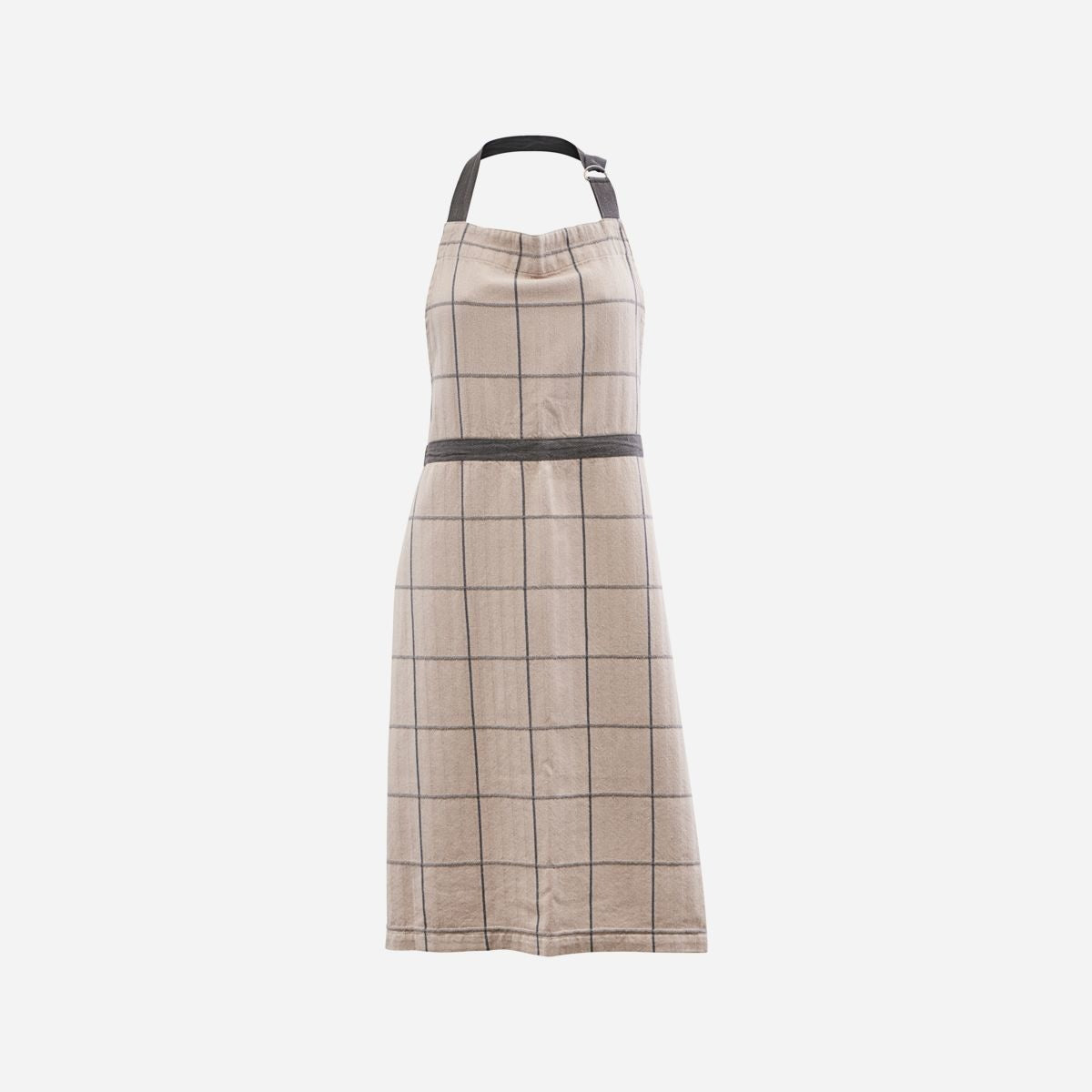 Sand-colored apron with black grid pattern, adjustable neck strap, and waist ties for individueller Stil and einzigartig. - Apron Opa Sand, one size