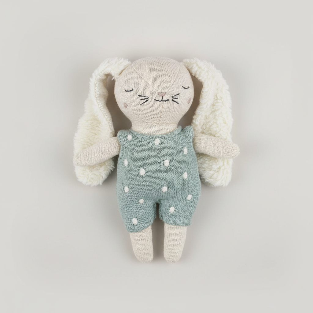 Soft plush baby rattle bunny in powder blue polka dot outfit, unique Wohndeko with individual style, perfect Lieblingsstücke . - Babyrassel Hase mit Anzug puderblau