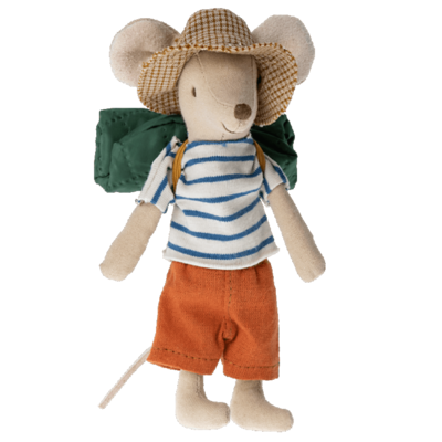 Plush mouse dressed as a hiker with striped shirt, orange shorts, tweed hat, and green backpack, einzigartig Wohndeko with. - Hiker Mouse Big Brother