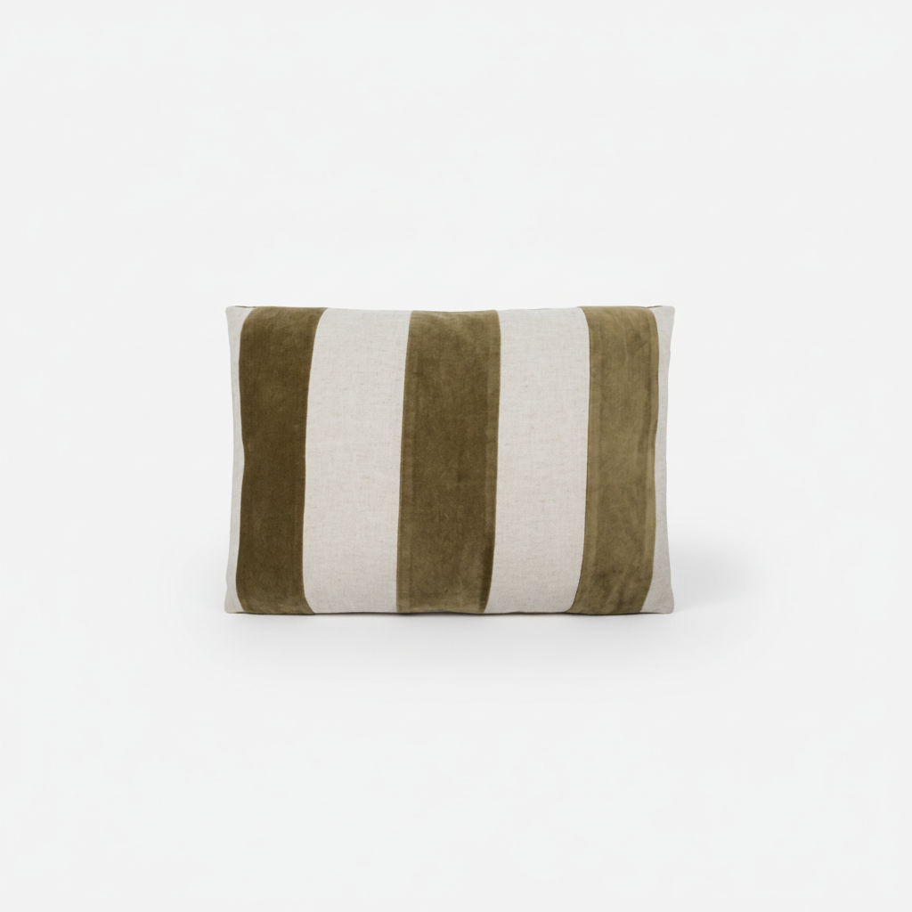 Amber and natural linen cushion cover with velvet texture and wide stripes, einzigartig Wohndeko and individueller Stil. - Cushion Cover Sono Amber