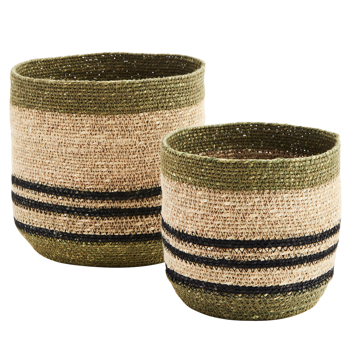 Set of 2 Striped Seagrass Baskets Olive, Black, Natural