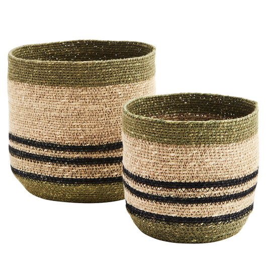 Set of 2 Striped Seagrass Baskets Olive, Black, Natural