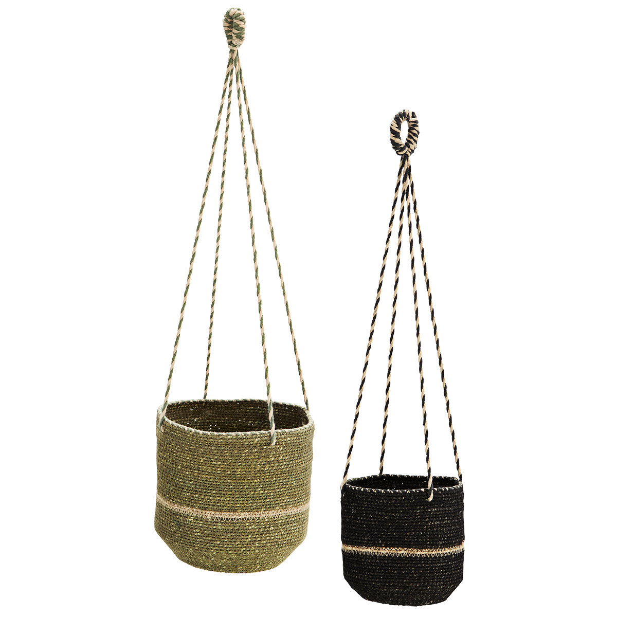 Set of 2 Hanging Seagrass Baskets Olive, Black, Natural