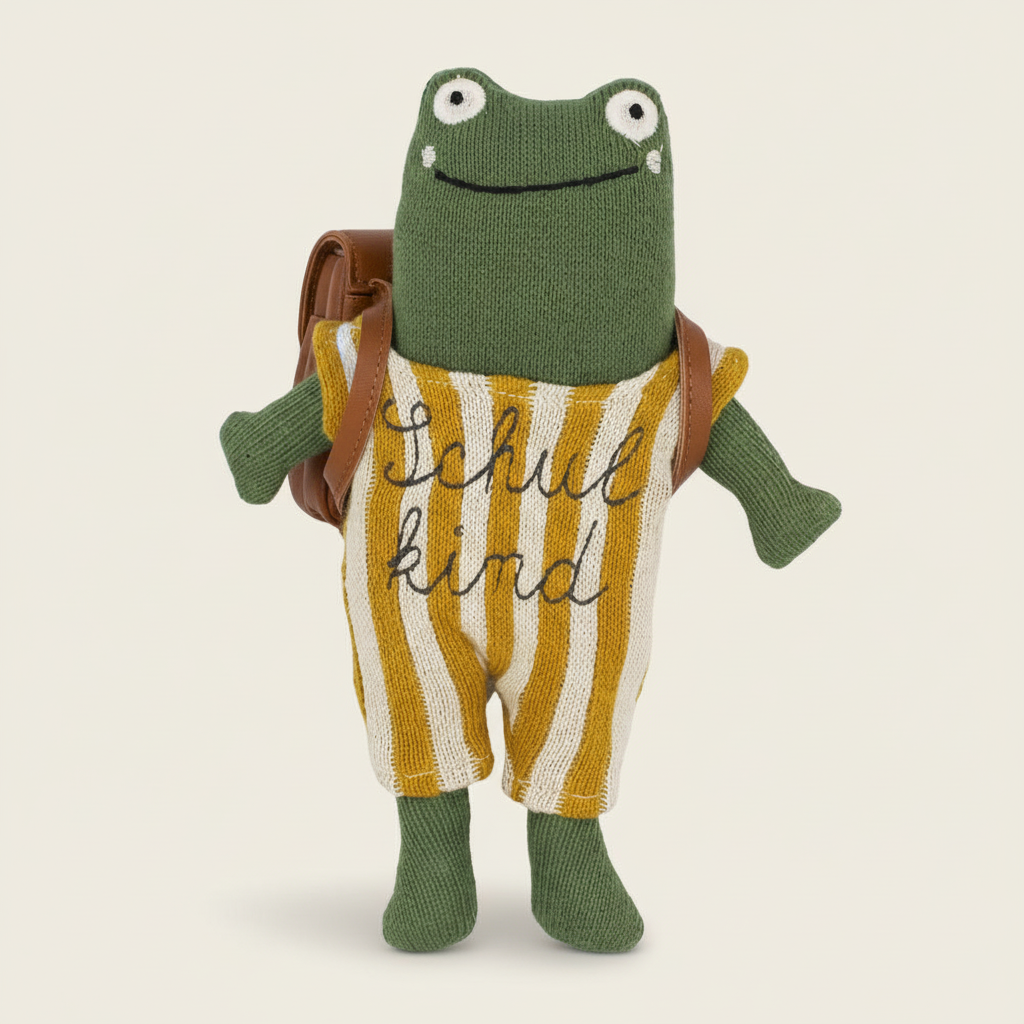Green knitted frog doll wearing striped yellow and white overalls with "Schulkind" text and a brown backpack, unique home. - Frosch Schulkind grün mit Schultasche