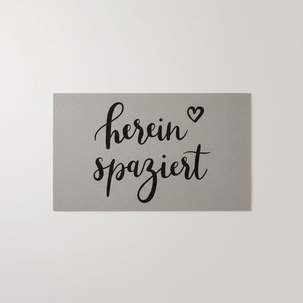 Gray washable doormat with black "herein spaziert" script and heart, unique home decor, individual style. - Waschbare Fußmatte Hereinspaziert