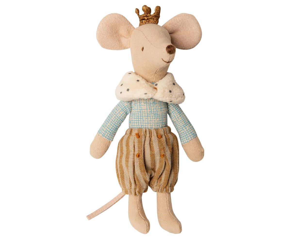 Plush Prince Mouse with crown, soft beige fabric, striped pants, and royal collar, einzigartig Wohndeko for individueller. - Prince Mouse