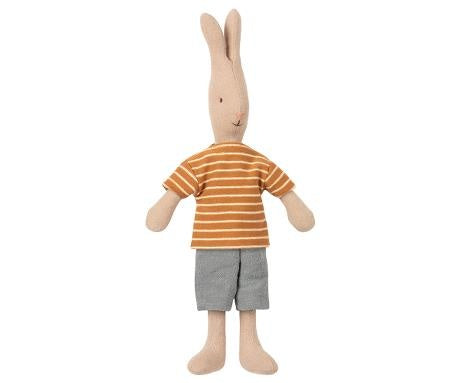 Unique fabric rabbit doll wearing an orange striped shirt and gray shorts, perfect for individueller Stil and Wohndeko as. - Rabbit Sailor Size 1