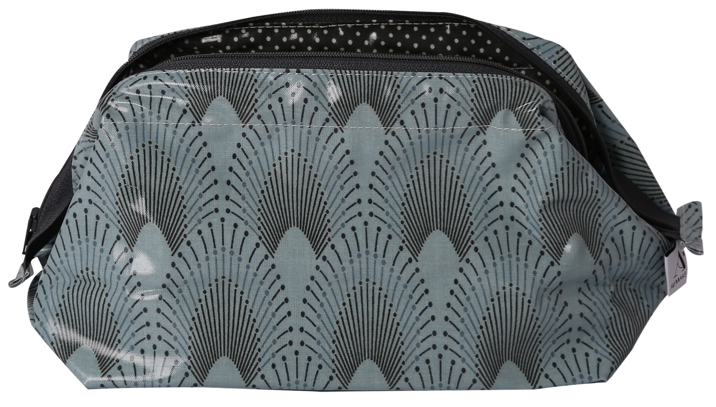 Dusty turquoise and charcoal cosmetic bag with unique fan pattern, ideal for individueller Stil and Lieblingsstücke für dein . - Cosmetic Bag Chrysler Dusty Turquoise/Charcoal