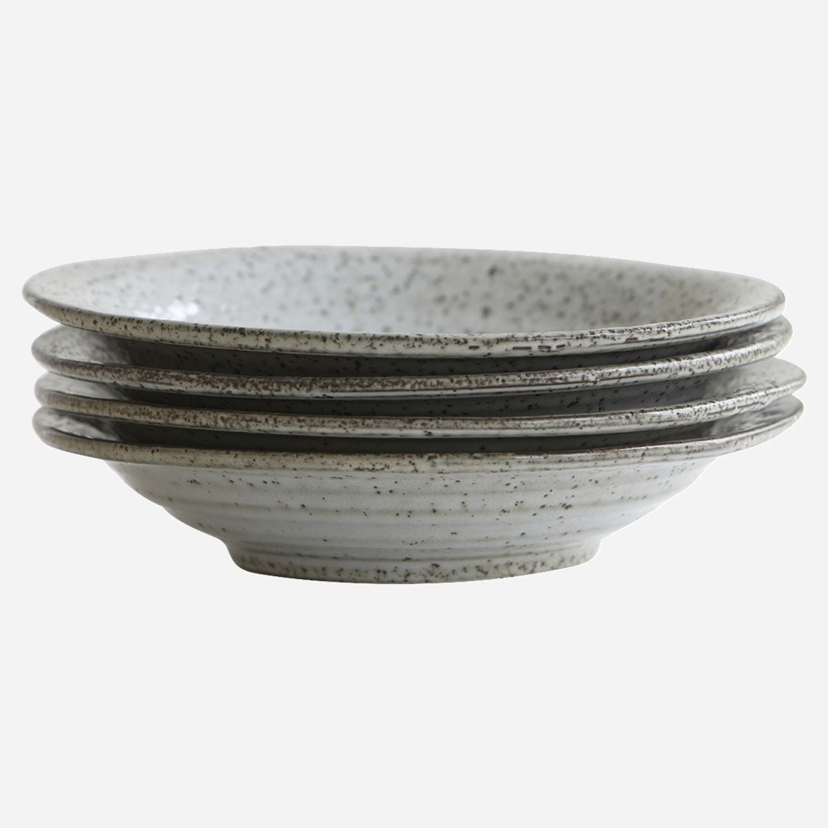 Stack of four rustic-style ceramic soup bowls with speckled gray glaze, perfect einzigartig Wohndeko for individueller Stil. - Suppenteller/Schüssel Rustic