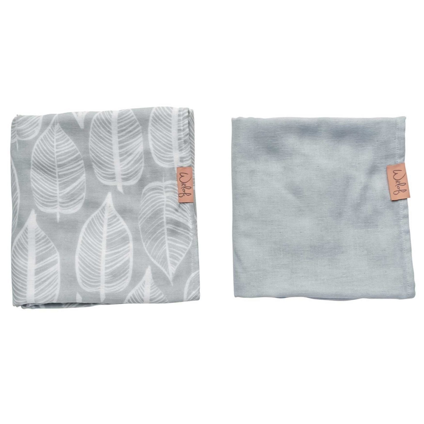 Two warm grey cotton swaddles, one with leaf print and one solid, unique Wohndeko for individual style. - Swaddle 80x80 Beleaf Warm Grey, Pack of 2