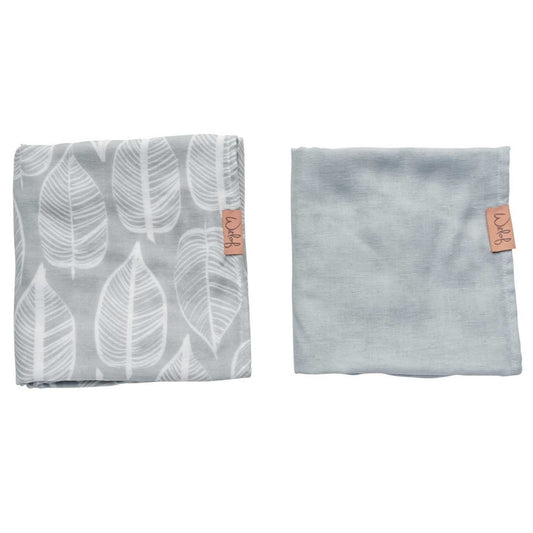 Two warm grey cotton swaddles, one with leaf print and one solid, unique Wohndeko for individual style. - Swaddle 80x80 Beleaf Warm Grey, Pack of 2