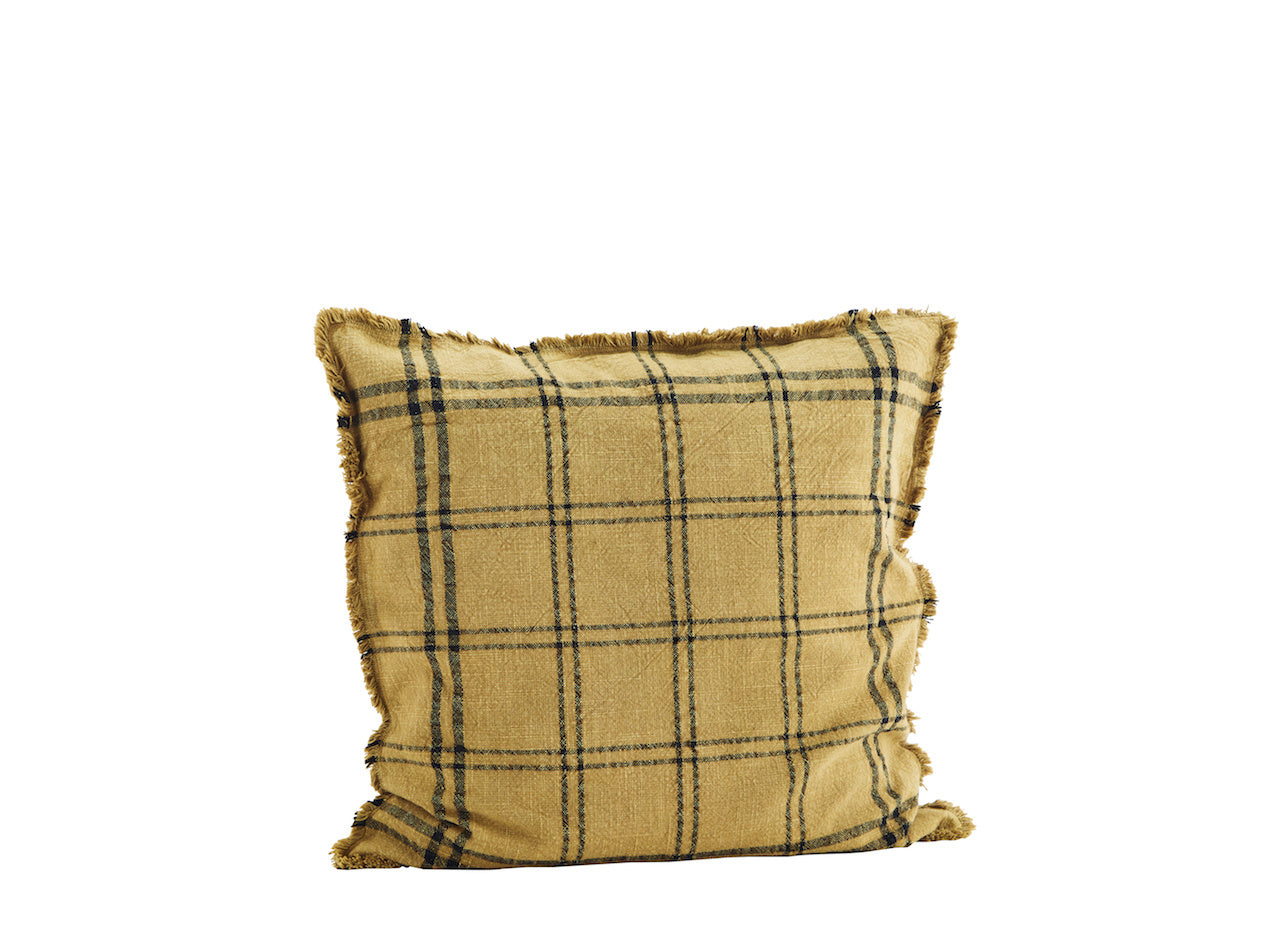 Checked cushion cover w/ fringes Indian tan