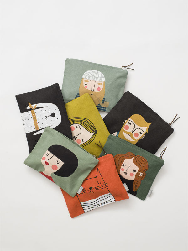 Set of unique toiletry bags with artistic faces in muted green, black, and orange, perfect for individueller Stil and. - ELSA Toiletry Bag