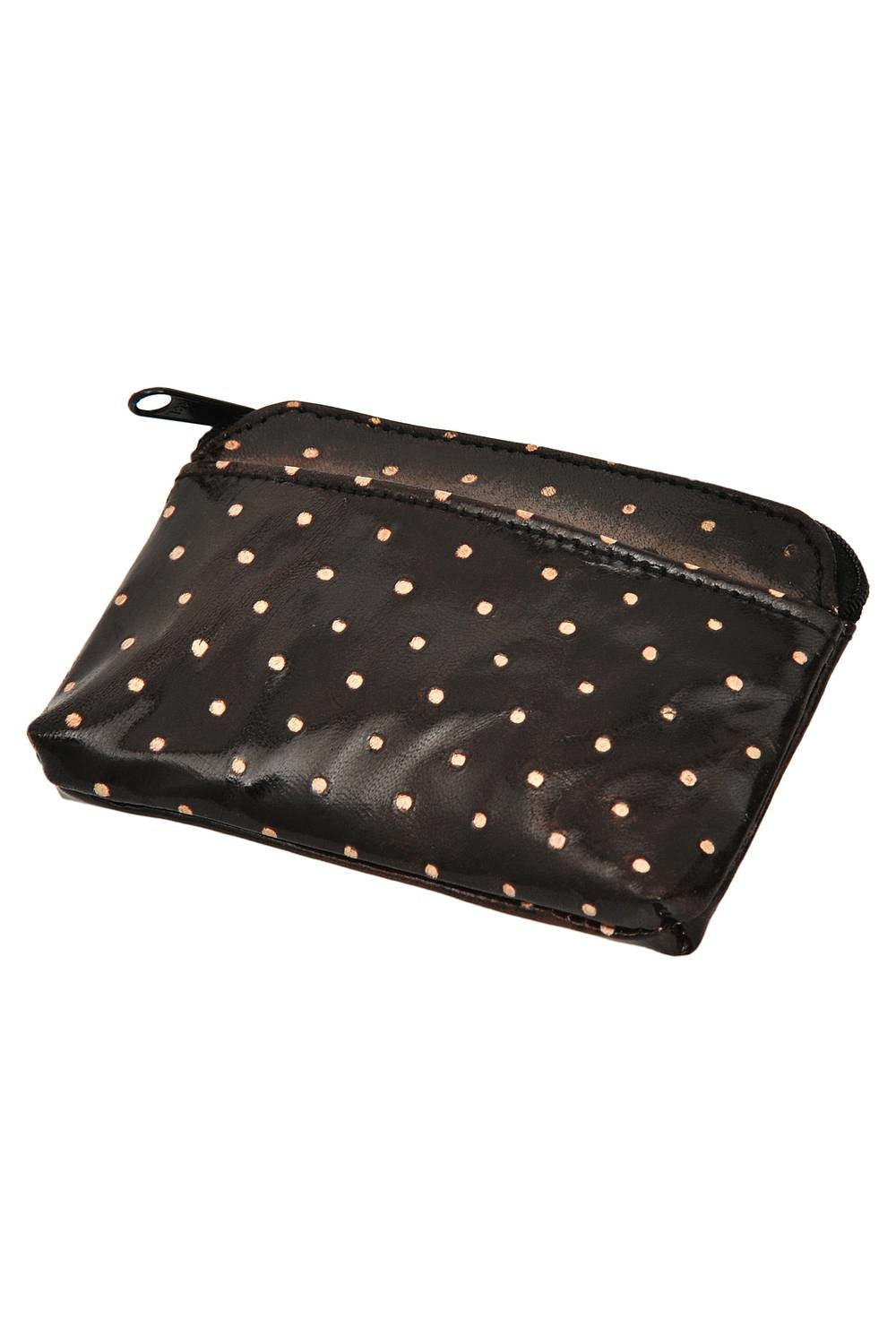 Black leather wallet with gold polka dots, zipper closure, einzigartig and stylish for individueller Stil and Wohndeko. - Lederbörse Dotta black