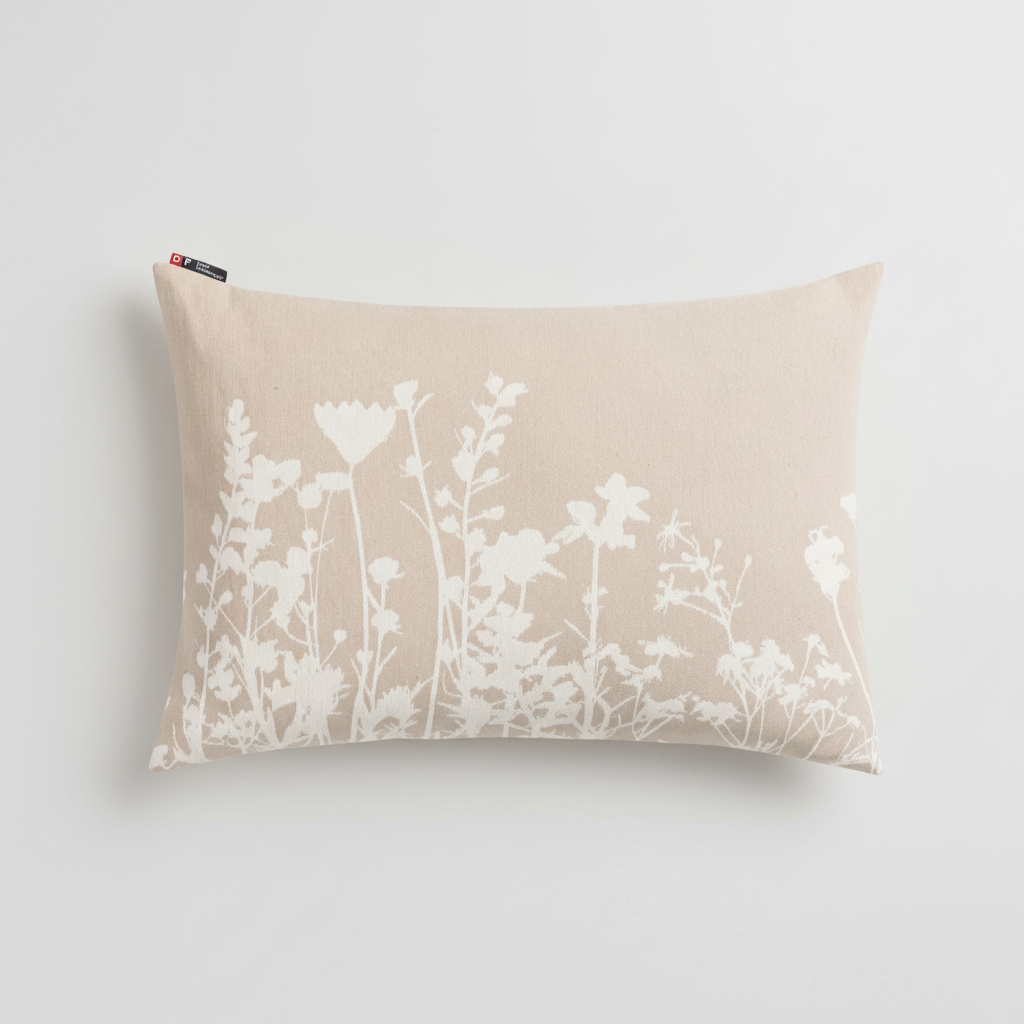 Beige cotton cushion cover with white floral print, einzigartig Wohndeko for individueller Stil and Lieblingsstücke für dein . - PORTO Kissenhülle Blumen natur