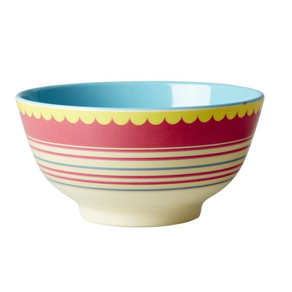 Melamine bowl with colorful striped pattern in red, blue, yellow, and cream, einzigartig Wohndeko with individueller Stil, a . - Melamine Bowl Striped Print