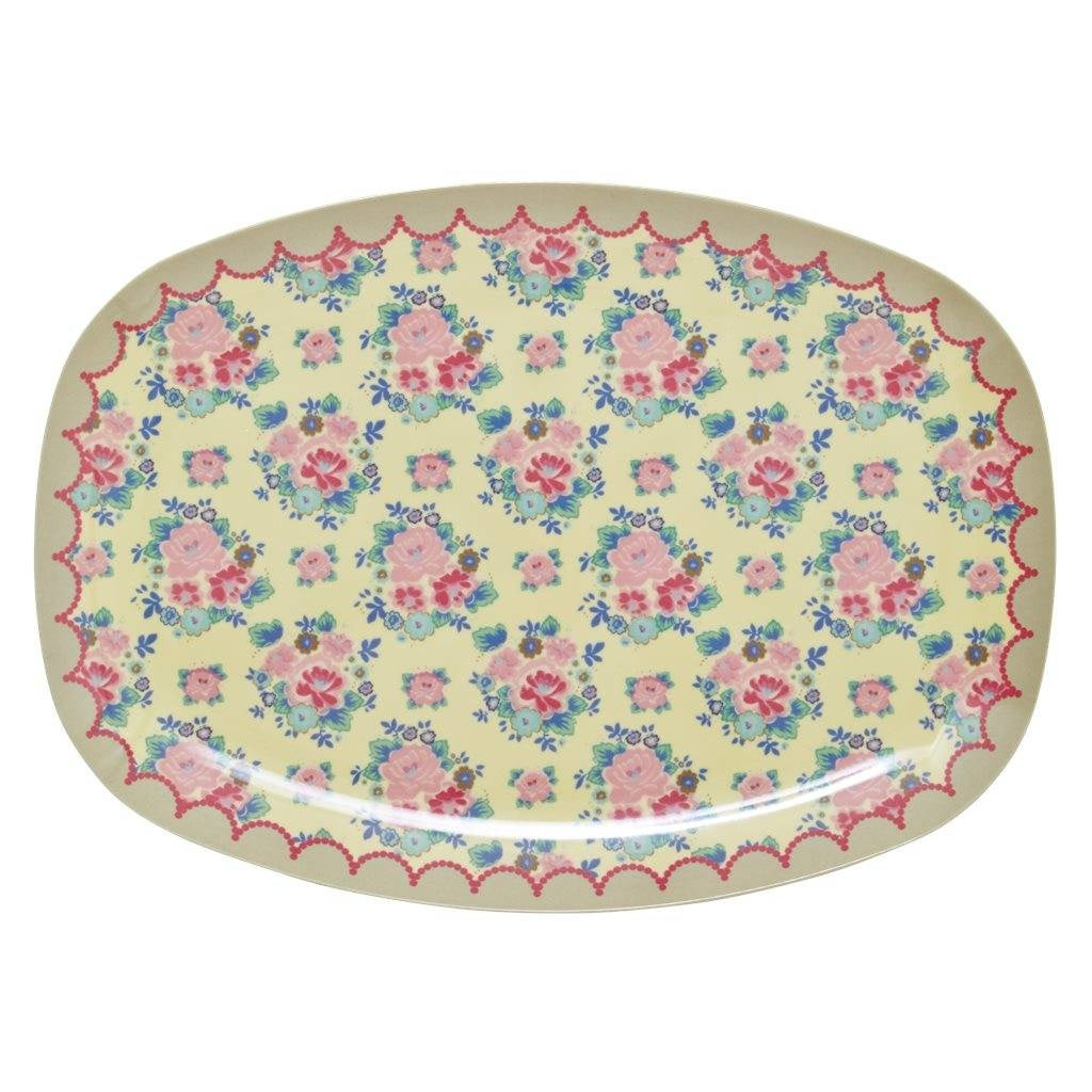 Rectangular melamine plate with Dutch rose floral pattern in pink and blue, einzigartig Wohndeko for individueller Stil and. - Rect. Melamine Plate Dutch Rose