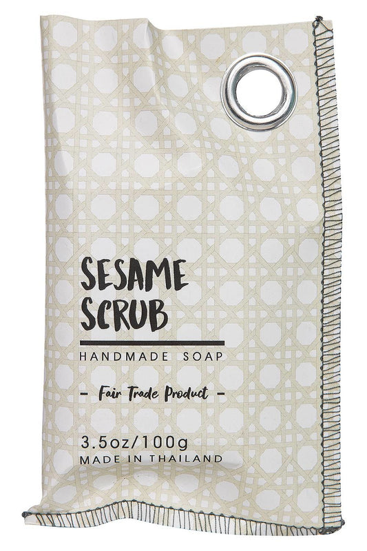 Handmade handmade sesame scrub soap bar in beige patterned packaging, einzigartig Wohndeko item for individueller Stil and. - Seife Sesam Scrup