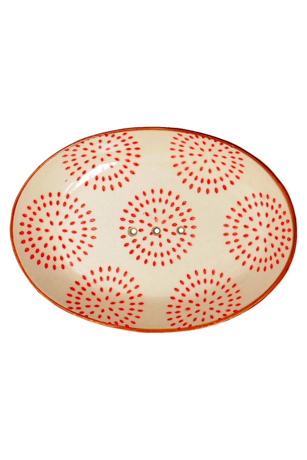 Oval soap dish in cream with bright orangerot circular dot patterns, einzigartig Wohndeko with individueller Stil for. - Seifenschale Tabea orangerot