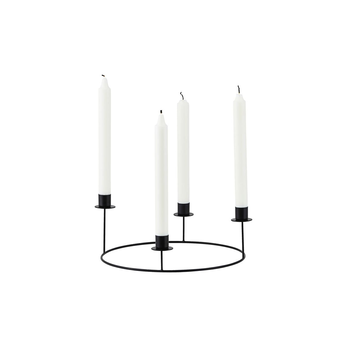 Black metal candle stand ring holding four white taper candles, einzigartig Wohndeko with individueller Stil,. - Candle Stand Ring Black